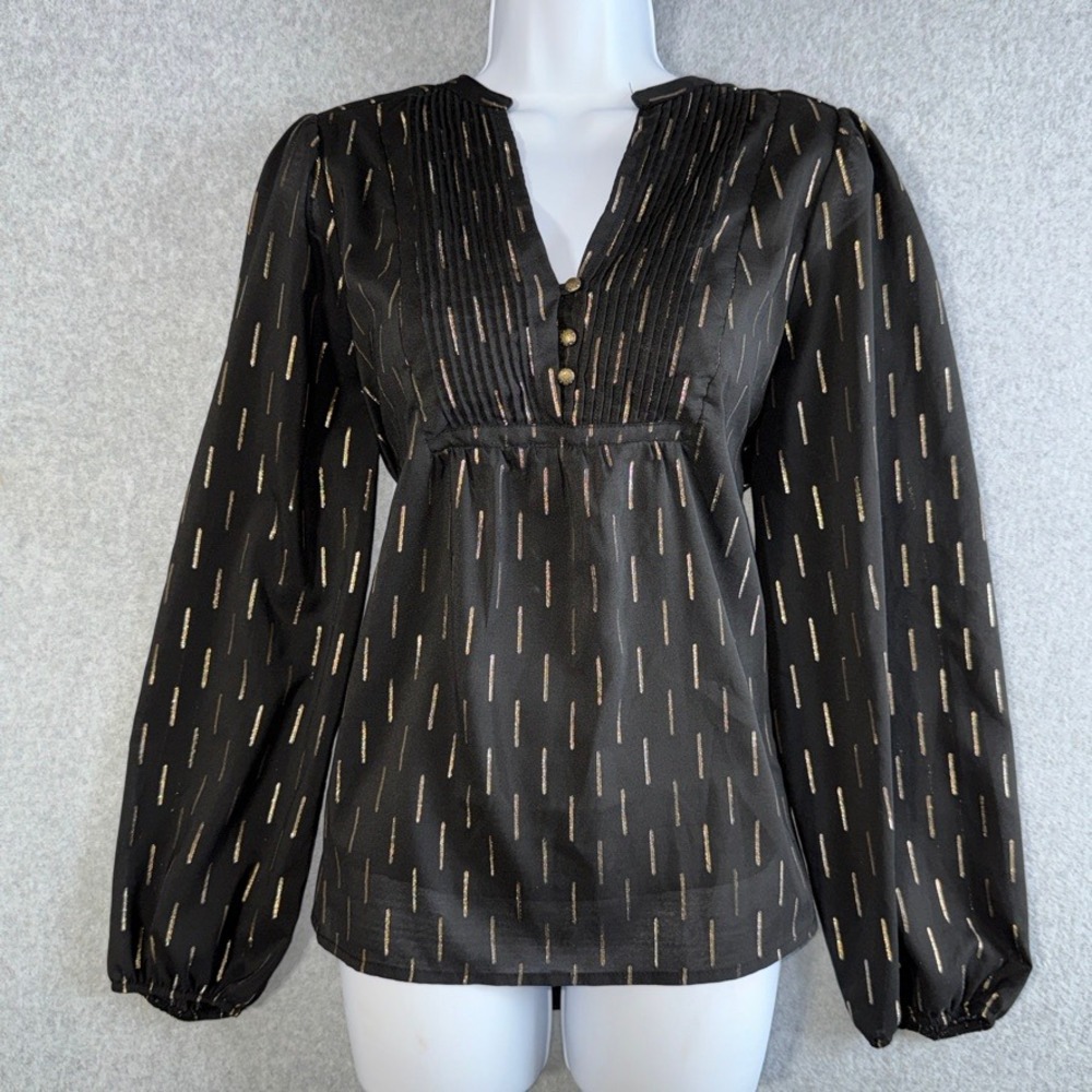 Mason & Belle Black Gold Metallic Dash Pleated V-Neck Blouse Large JFW8129QRP